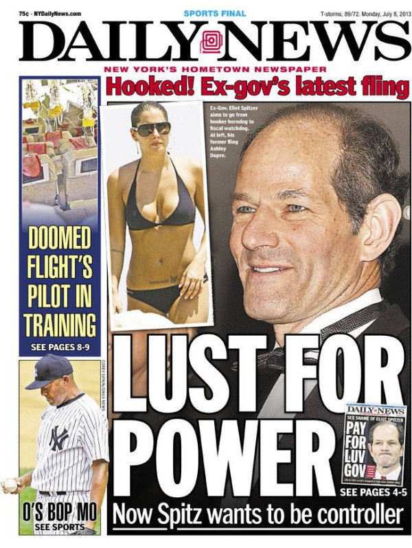 Le Daily News s'en prend à Spitzer en Une avec une photo de la prostituée qu'il fréquentait, écueil évité par Anthony Weiner qui avait annoncé sa candidature sur son site Internet en pleine nuit au-delà de l'heure de bouclage des tabloïds new yorkais - (CC) Daily news